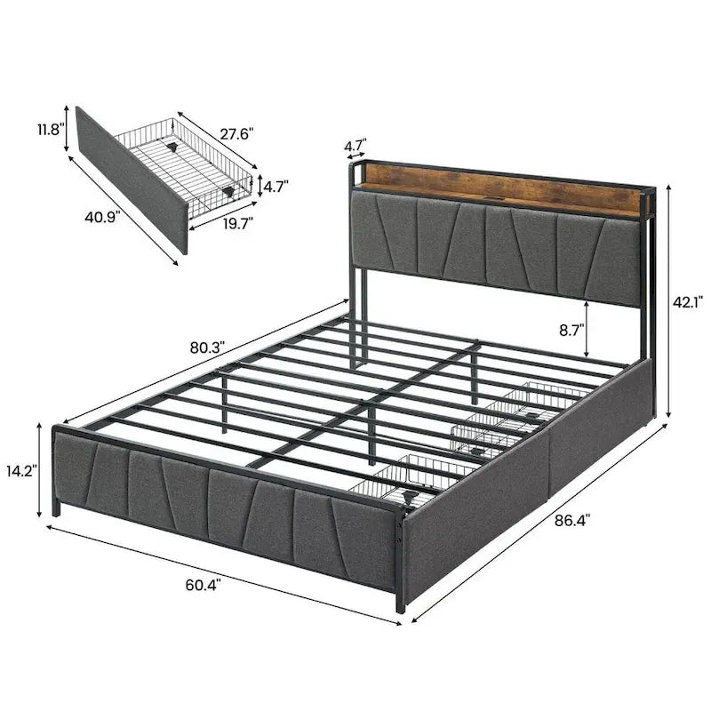 Linen Upholstered Platform Bed with Storage Headboard, Under-Bed Drawers and USB Ports
