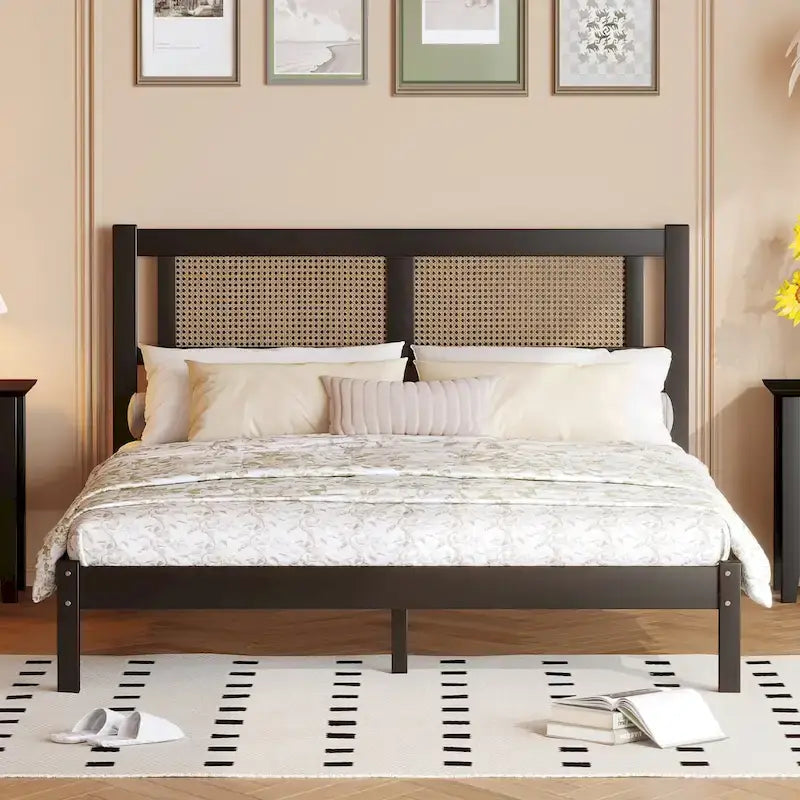 Queen Size Wooden Platform Bed with Natural Rattan Headboard