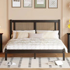 Queen Size Wooden Platform Bed with Natural Rattan Headboard