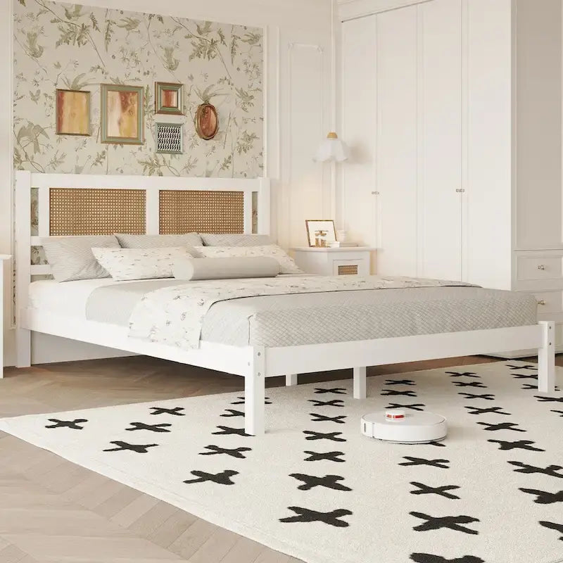 Queen Size Wooden Platform Bed with Natural Rattan Headboard