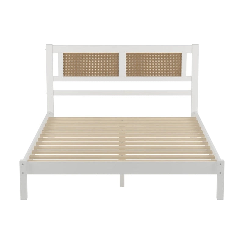Queen Size Wooden Platform Bed with Natural Rattan Headboard