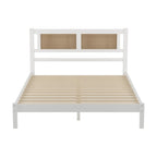 Queen Size Wooden Platform Bed with Natural Rattan Headboard