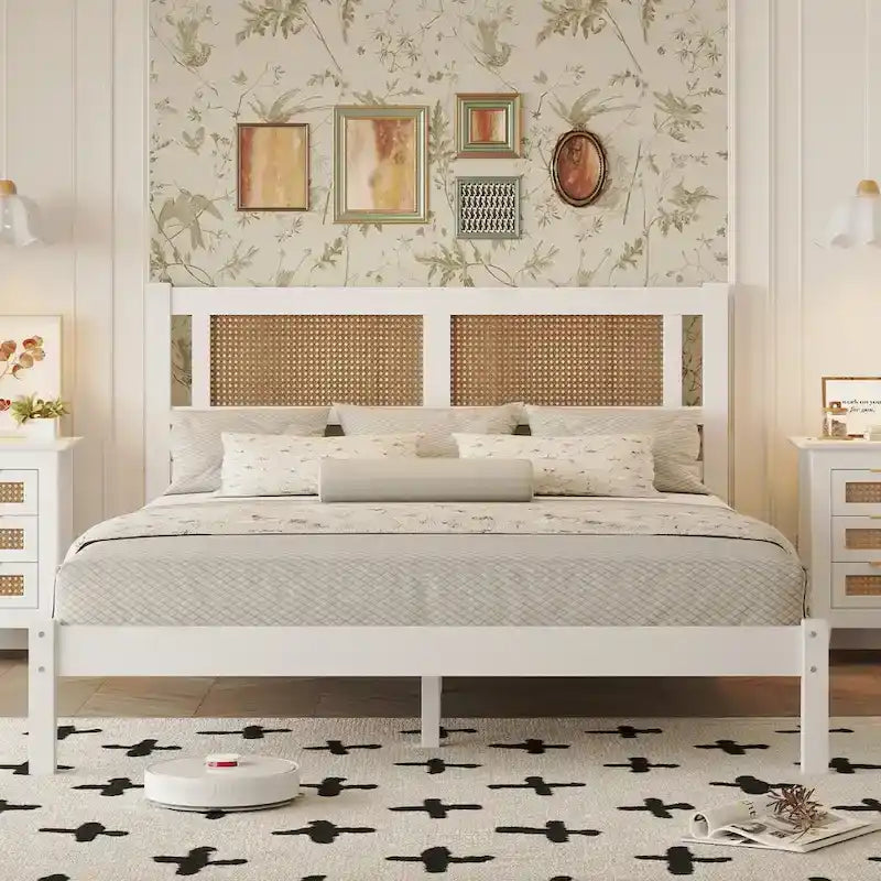 Queen Size Wooden Platform Bed with Natural Rattan Headboard