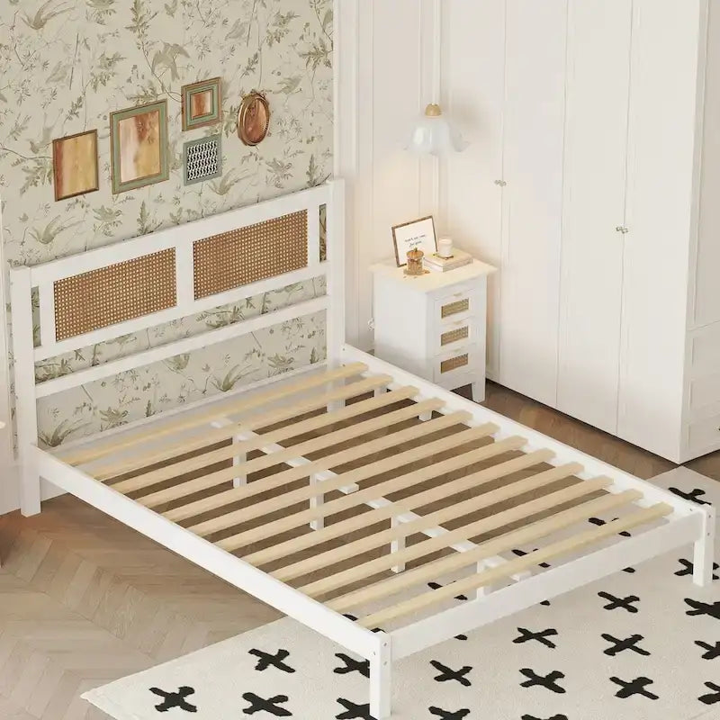 Queen Size Wooden Platform Bed with Natural Rattan Headboard