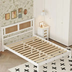 Queen Size Wooden Platform Bed with Natural Rattan Headboard