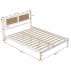 Queen Size Wooden Platform Bed with Natural Rattan Headboard