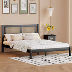 Queen Size Wooden Platform Bed with Natural Rattan Headboard