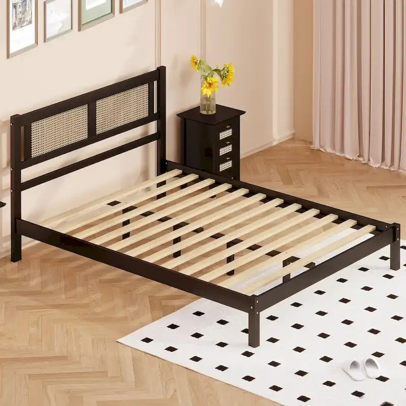 Queen Size Wooden Platform Bed with Natural Rattan Headboard