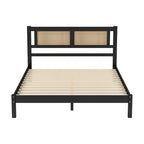 Queen Size Wooden Platform Bed with Natural Rattan Headboard