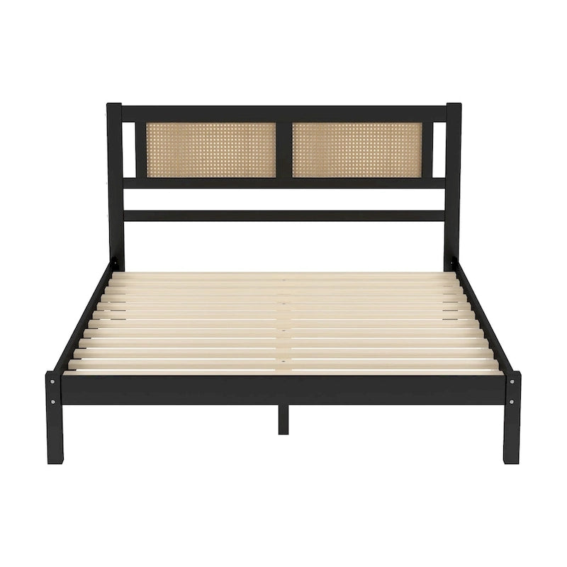 Queen Size Wooden Platform Bed with Natural Rattan Headboard