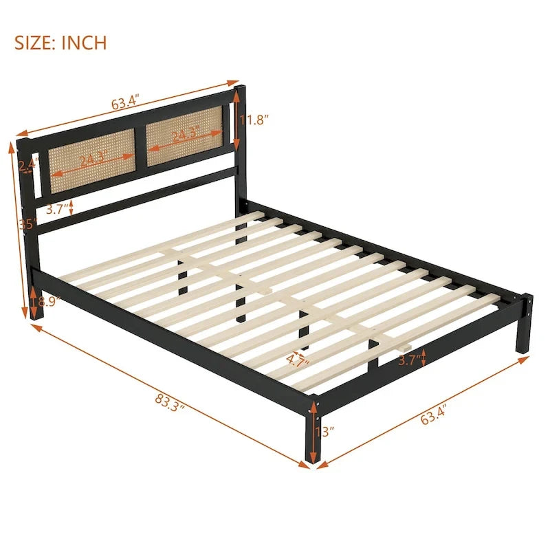 Queen Size Wooden Platform Bed with Natural Rattan Headboard