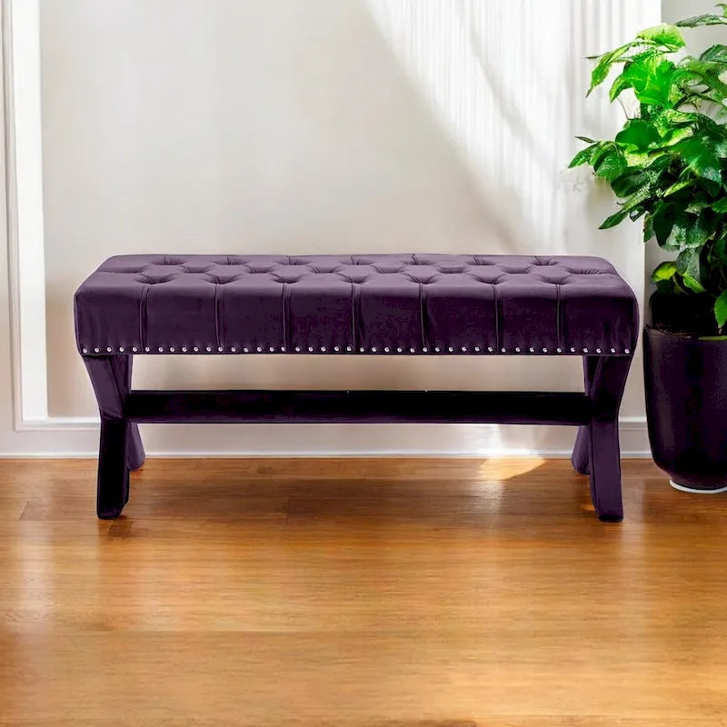  45 Plum Velvet Upholstered Bench - 45.27L x 19.68W x 19.29H