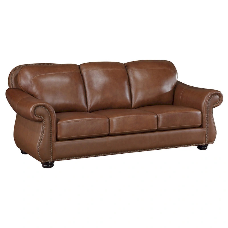 85 Inch Sofa, Rich Brown Top Grain and Faux Leather, Solid Wood