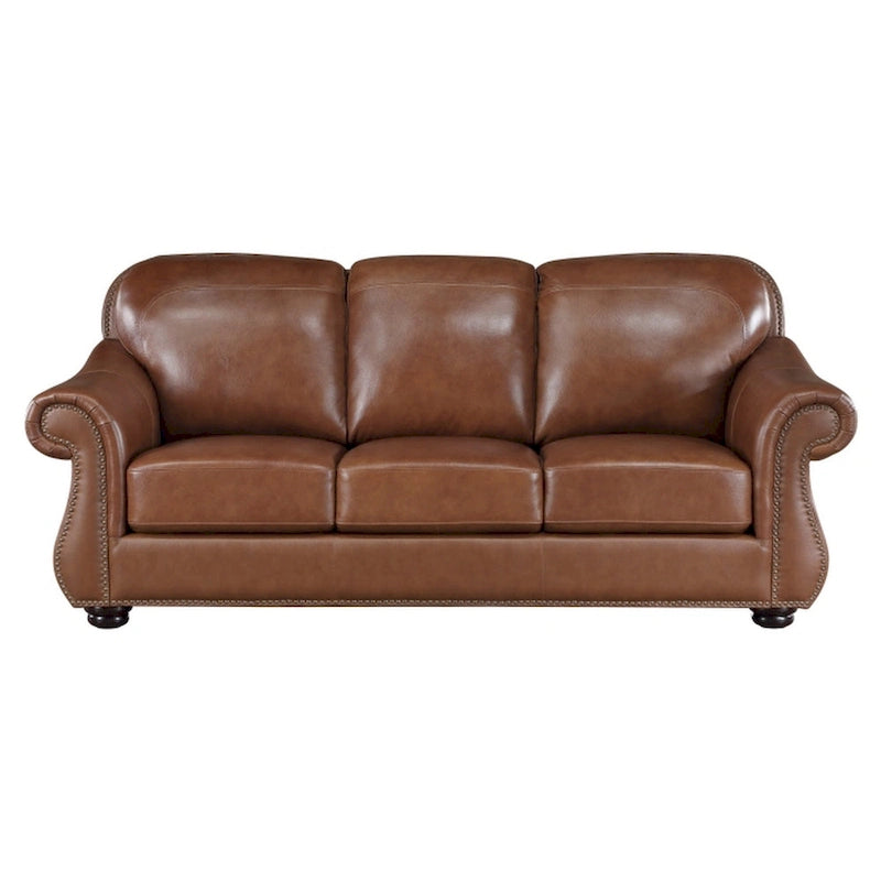 85 Inch Sofa, Rich Brown Top Grain and Faux Leather, Solid Wood