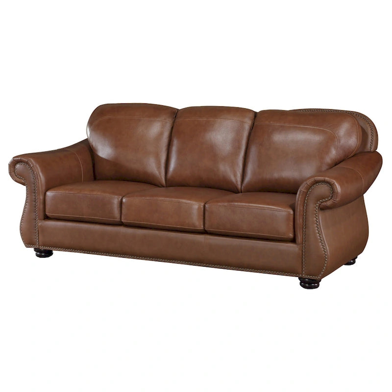 85 Inch Sofa, Rich Brown Top Grain and Faux Leather, Solid Wood
