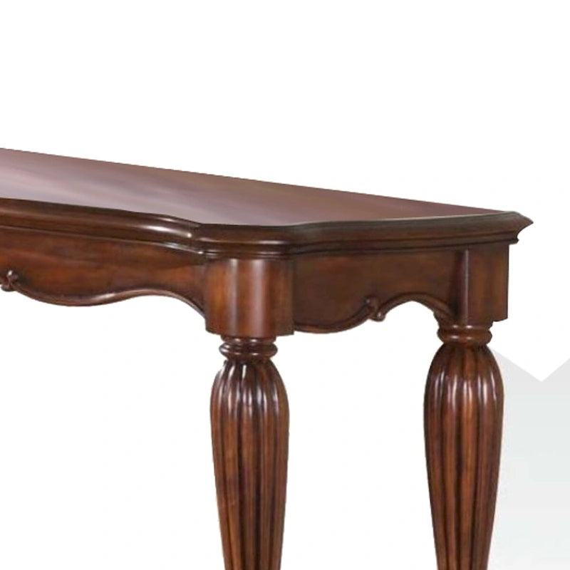 Wood Sofa Table with Carved Apron Detail, Cherry Brown Finish