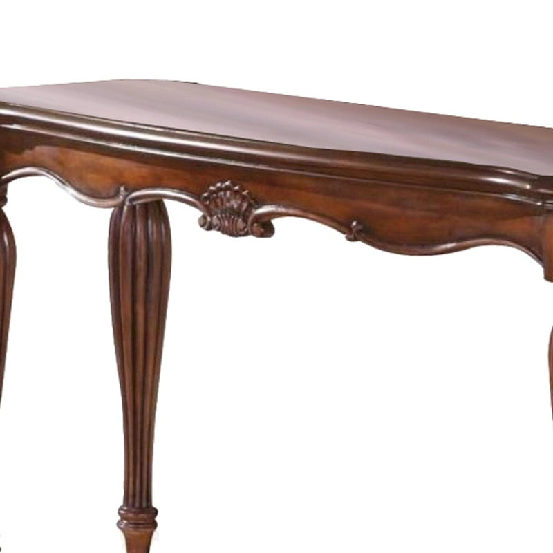 Wood Sofa Table with Carved Apron Detail, Cherry Brown Finish