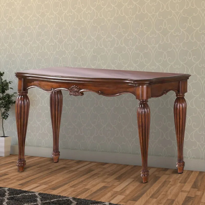 Wood Sofa Table with Carved Apron Detail, Cherry Brown Finish
