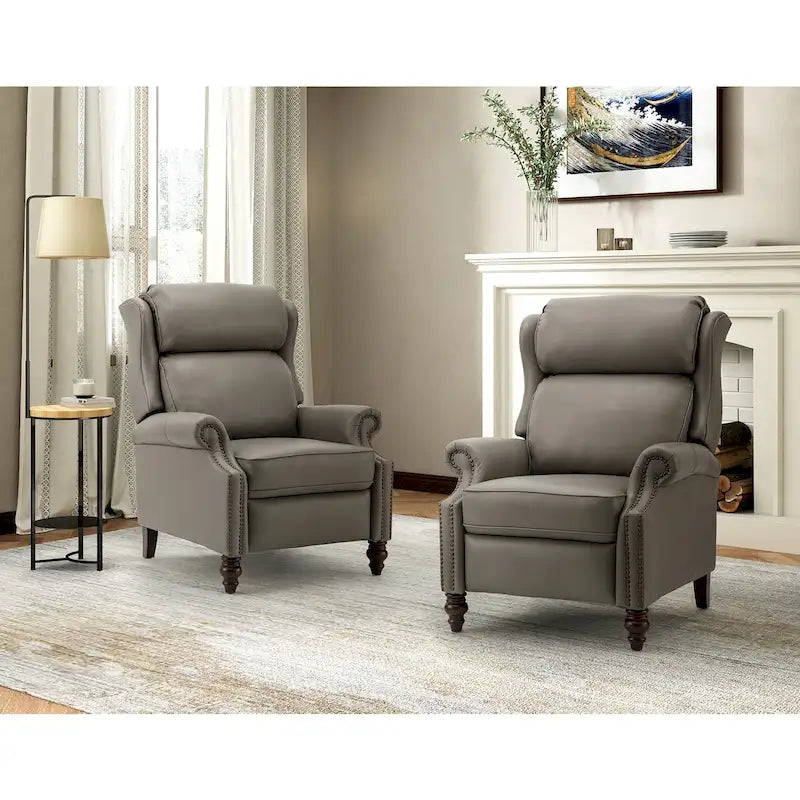 Modern Leather Recliner with Nailhead Trim, Set of 2