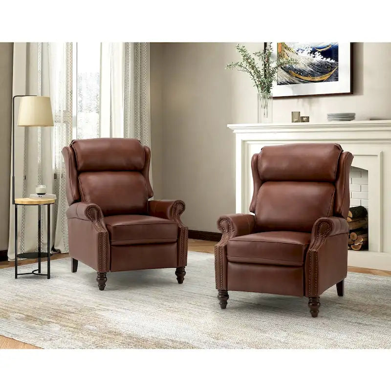 Modern Leather Recliner with Nailhead Trim, Set of 2