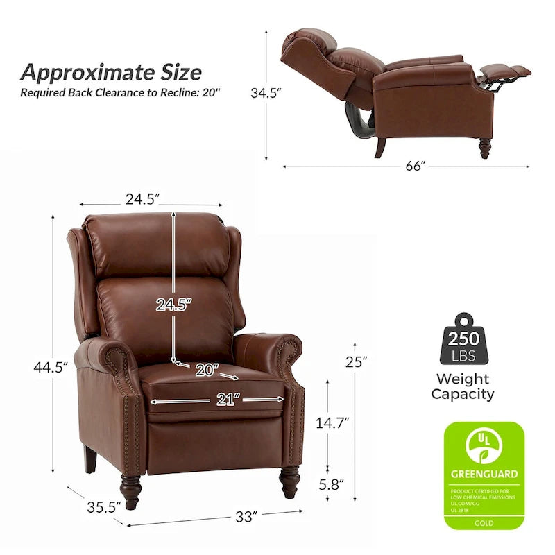 Modern Leather Recliner with Nailhead Trim, Set of 2