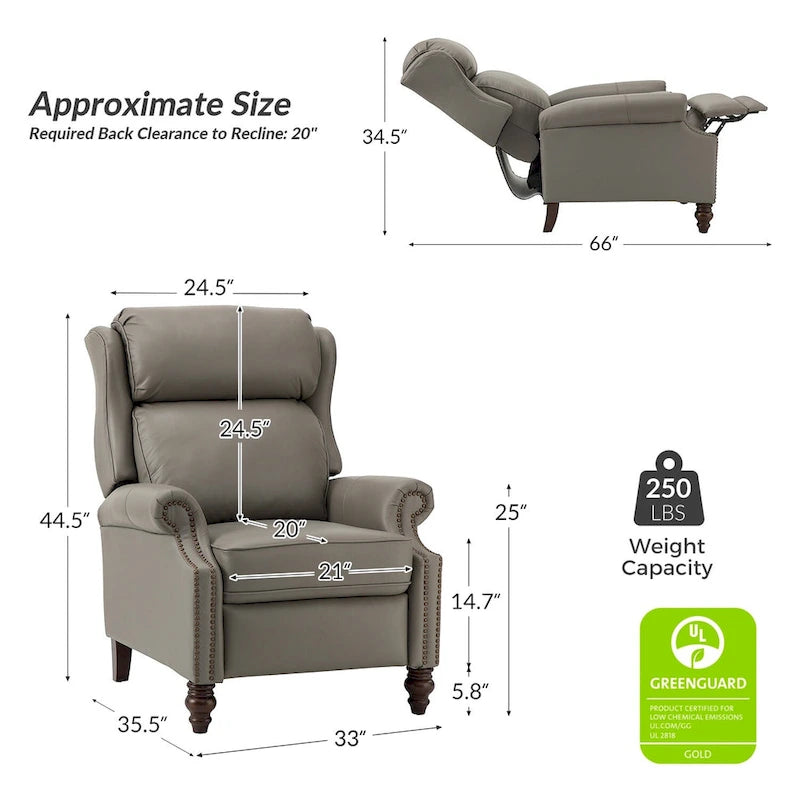Modern Leather Recliner with Nailhead Trim, Set of 2