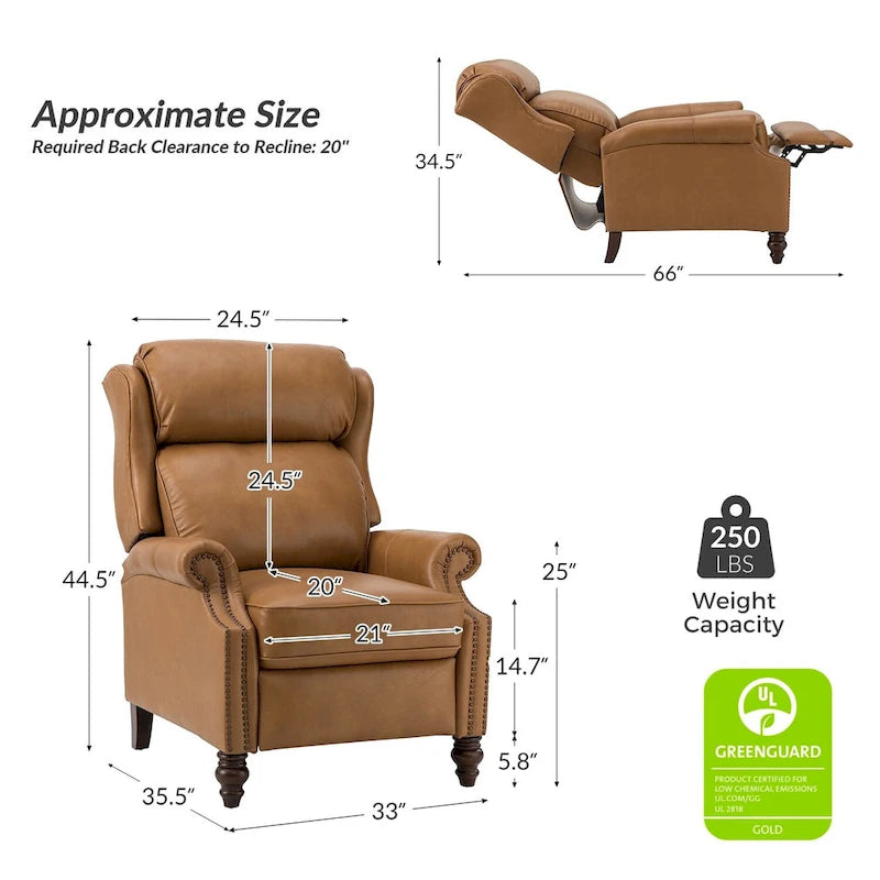 Modern Leather Recliner with Nailhead Trim, Set of 2