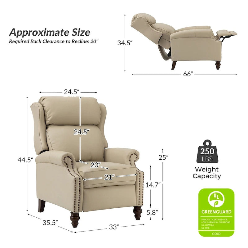 Modern Leather Recliner with Nailhead Trim, Set of 2