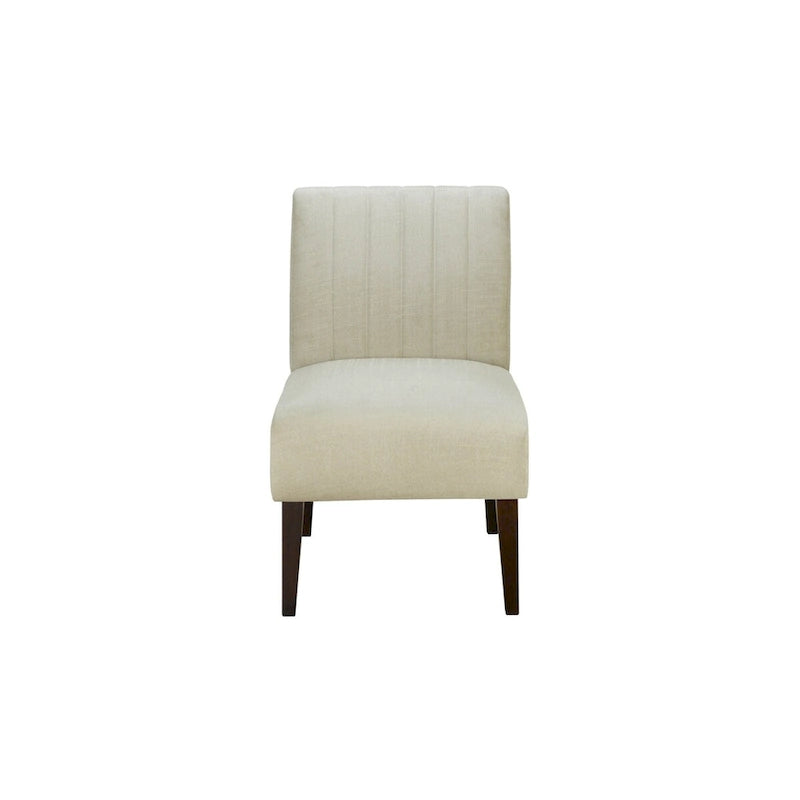 30 Inch Accent Chair, White Fabric, Channel Tufted Back, Brown Wood