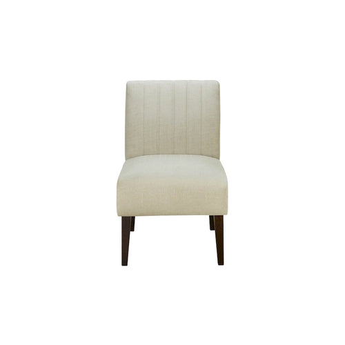 30 Inch Accent Chair, White Fabric, Channel Tufted Back, Brown Wood