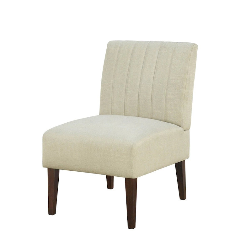 30 Inch Accent Chair, White Fabric, Channel Tufted Back, Brown Wood