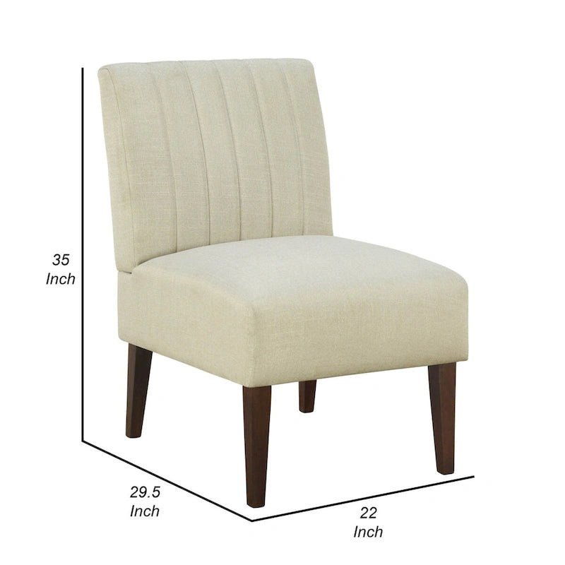 30 Inch Accent Chair, White Fabric, Channel Tufted Back, Brown Wood