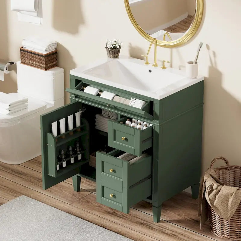 30" Bathroom Vanity with Resin Sink, 2 Drawers and Tip-Out Drawer