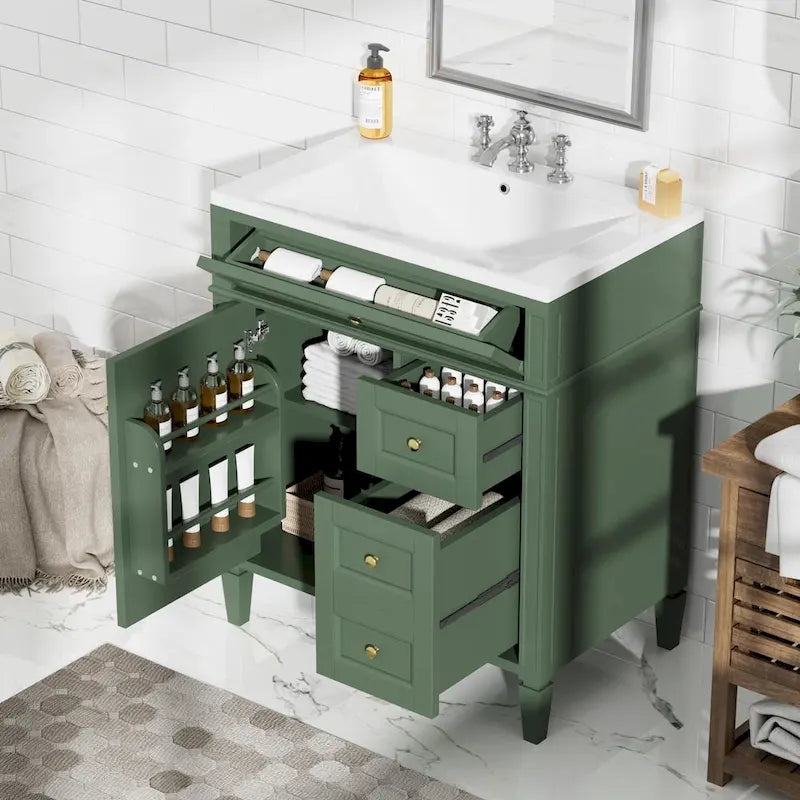 30" Bathroom Vanity with Resin Sink, 2 Drawers and Tip-Out Drawer