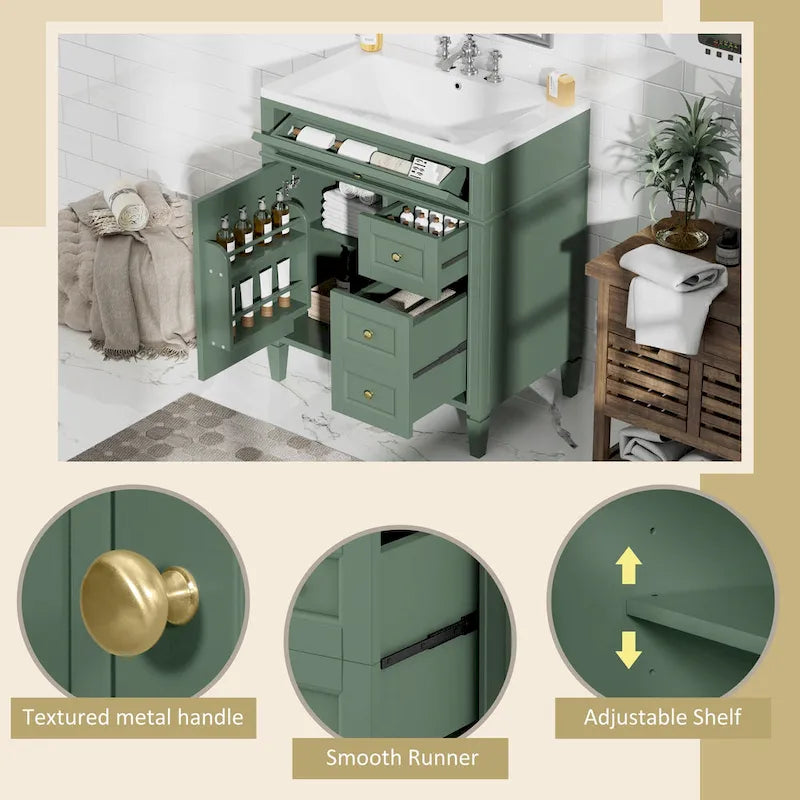 30" Bathroom Vanity with Resin Sink, 2 Drawers and Tip-Out Drawer