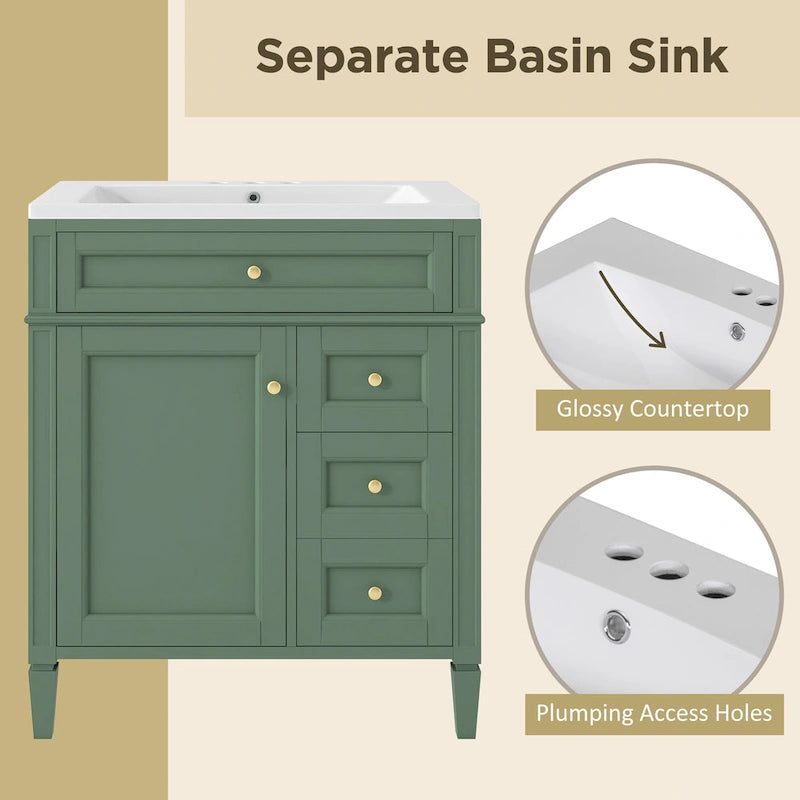 30" Bathroom Vanity with Resin Sink, 2 Drawers and Tip-Out Drawer