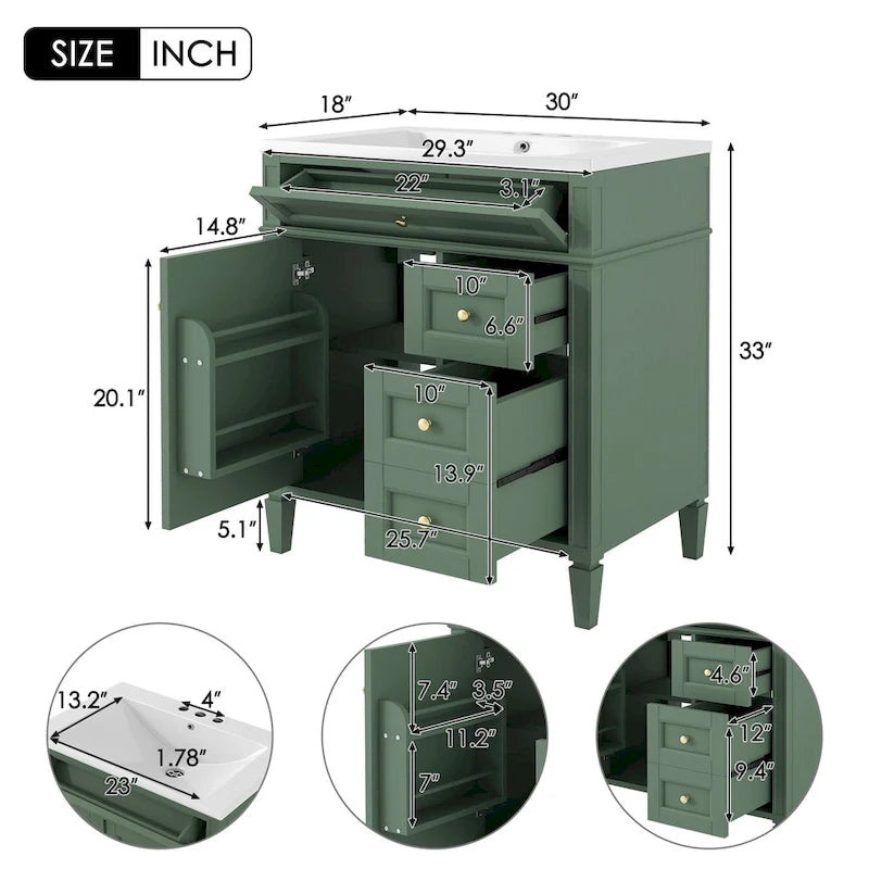 30" Bathroom Vanity with Resin Sink, 2 Drawers and Tip-Out Drawer