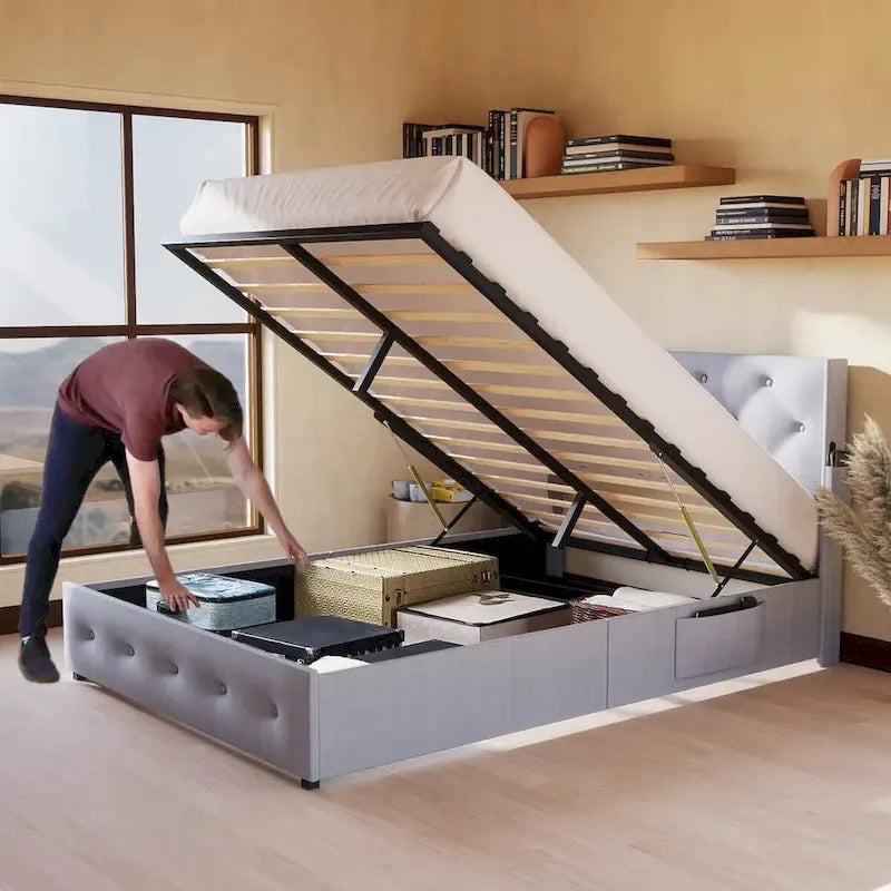 Full Size Bed Frame with Gas Lift Under-Bed Storage and USB Ports