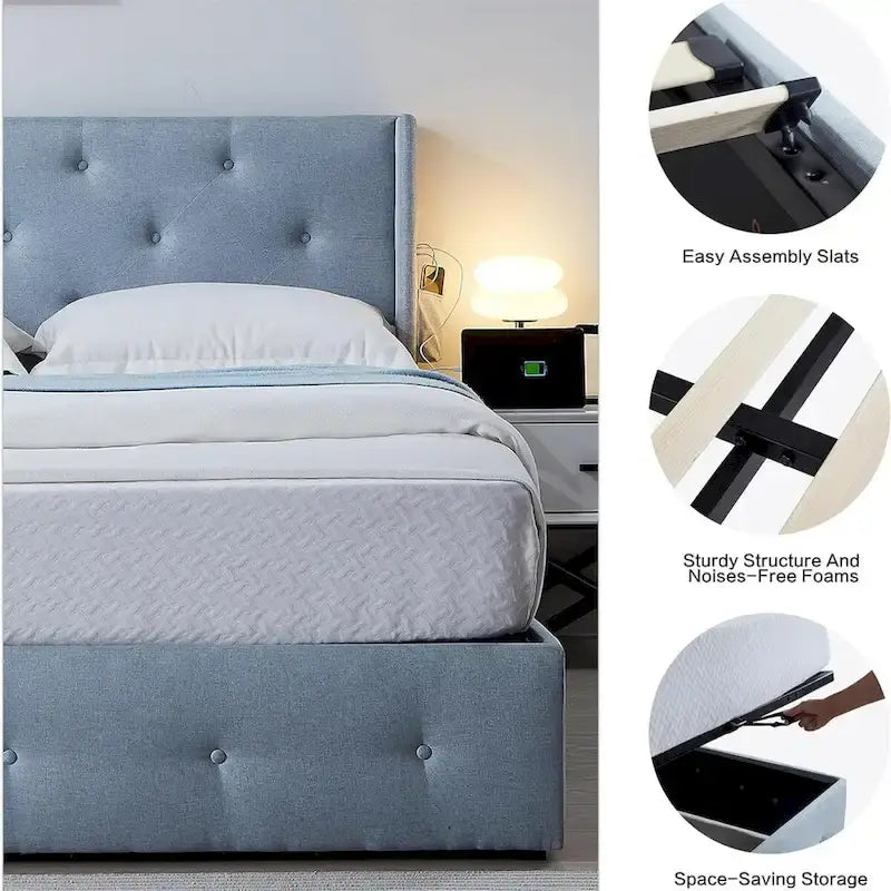 Full Size Bed Frame with Gas Lift Under-Bed Storage and USB Ports
