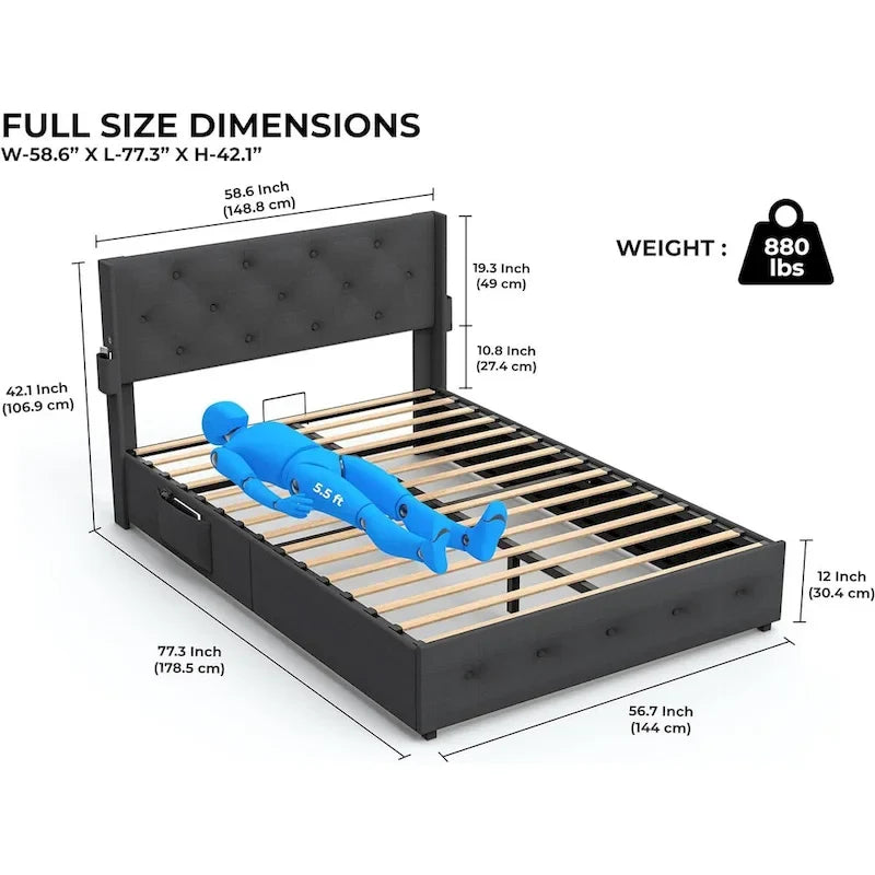 Full Size Bed Frame with Gas Lift Under-Bed Storage and USB Ports