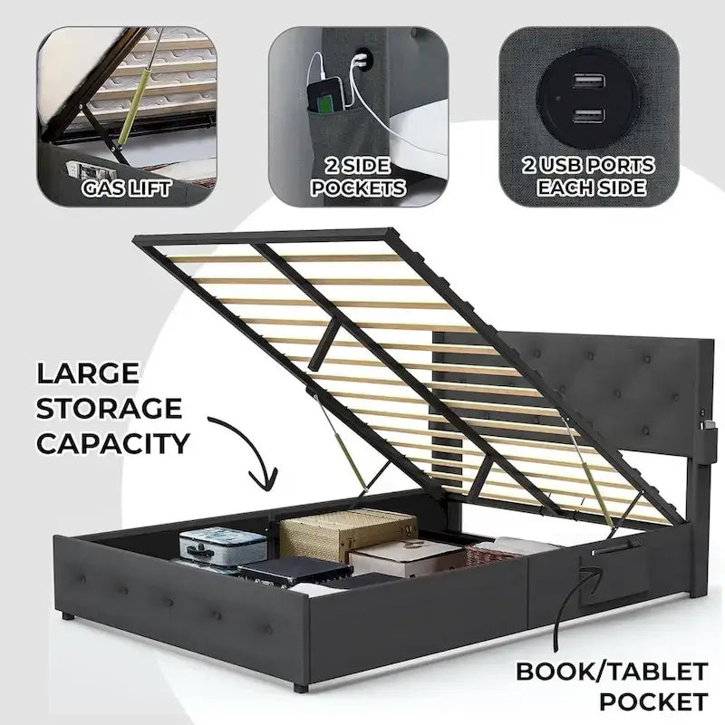 Full Size Bed Frame with Gas Lift Under-Bed Storage and USB Ports