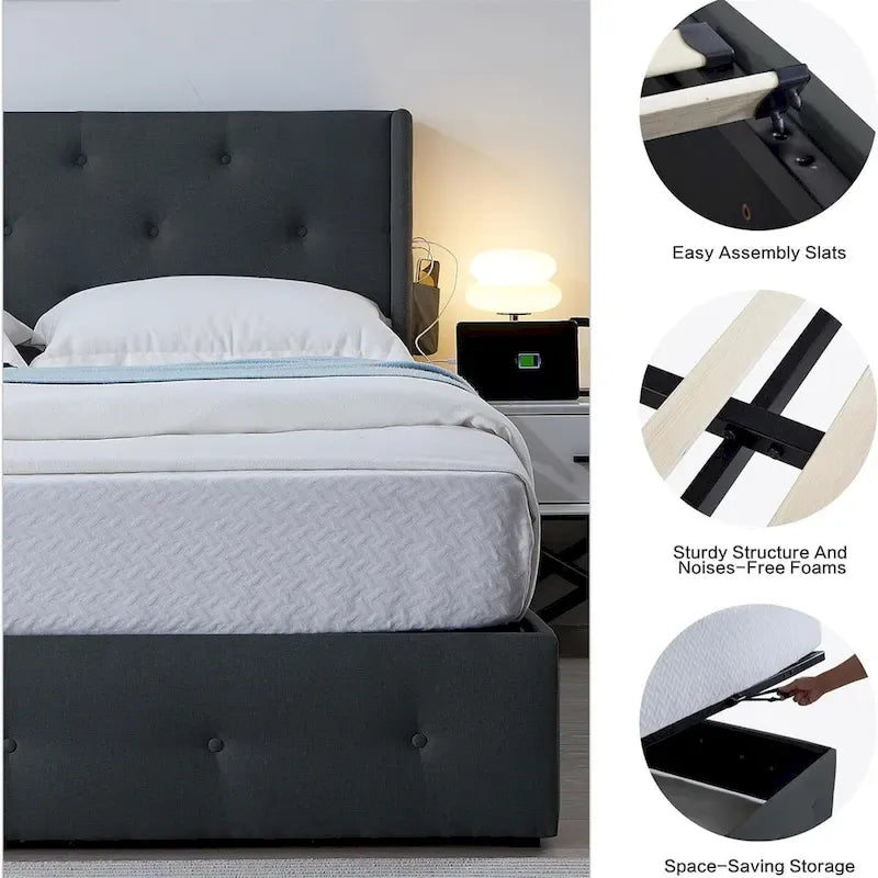 Full Size Bed Frame with Gas Lift Under-Bed Storage and USB Ports