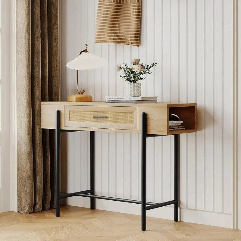 Rattan Console Table with Storage Drawer and Side Shelves, Wood Grain Finish