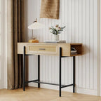Rattan Console Table with Storage Drawer and Side Shelves, Wood Grain Finish