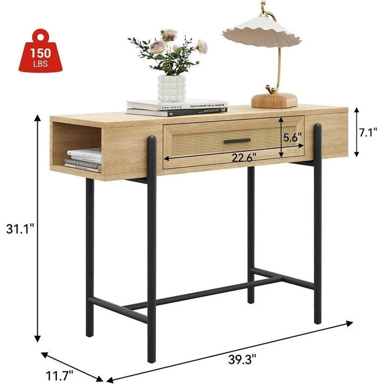 Rattan Console Table with Storage Drawer and Side Shelves, Wood Grain Finish