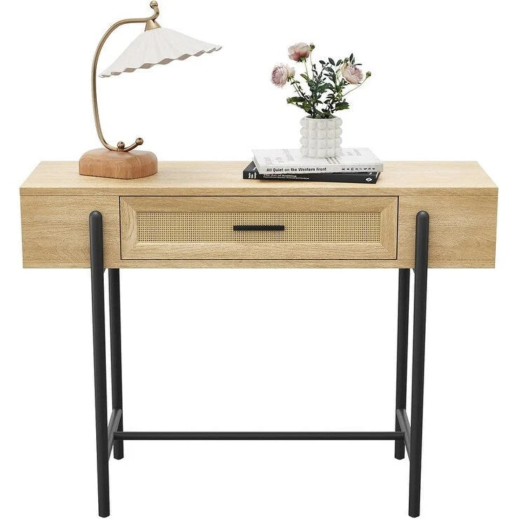 Rattan Console Table with Storage Drawer and Side Shelves, Wood Grain Finish