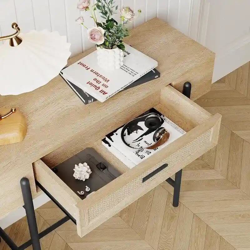 Rattan Console Table with Storage Drawer and Side Shelves, Wood Grain Finish