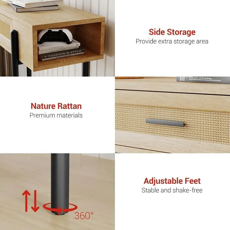 Rattan Console Table with Storage Drawer and Side Shelves, Wood Grain Finish
