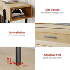 Rattan Console Table with Storage Drawer and Side Shelves, Wood Grain Finish