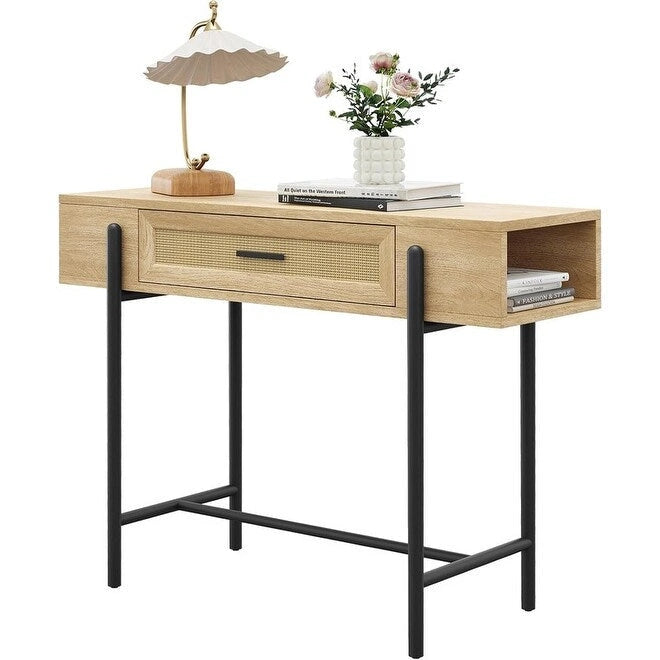 Rattan Console Table with Storage Drawer and Side Shelves, Wood Grain Finish
